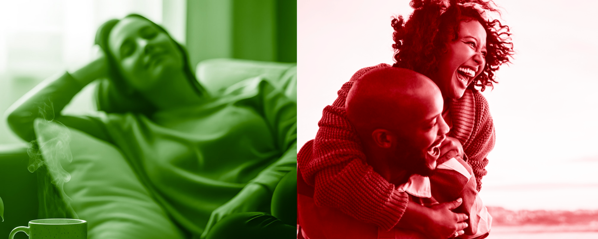 CBD vs THC graphic with woman relaxing with green overlay on left and woman smiling with red overlay on right