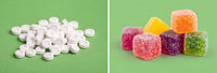 CBD tablets vs gummies on green background
