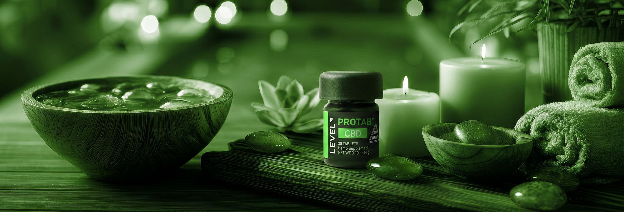 Zen tablescape with CBD Protab and candles