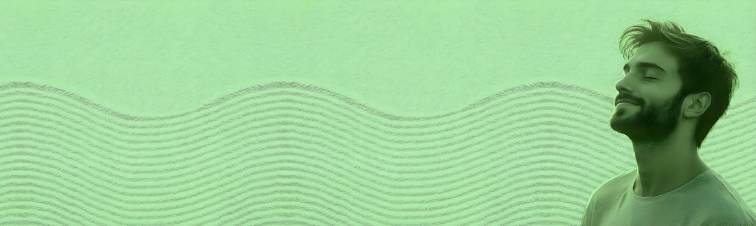 Man looking upward with a green color gradient overlay, representing the calming effects of CBD.