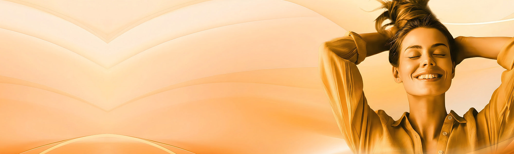 Person with hands behind their head in a warm orange/peach gradient, showing relaxation and mood support.