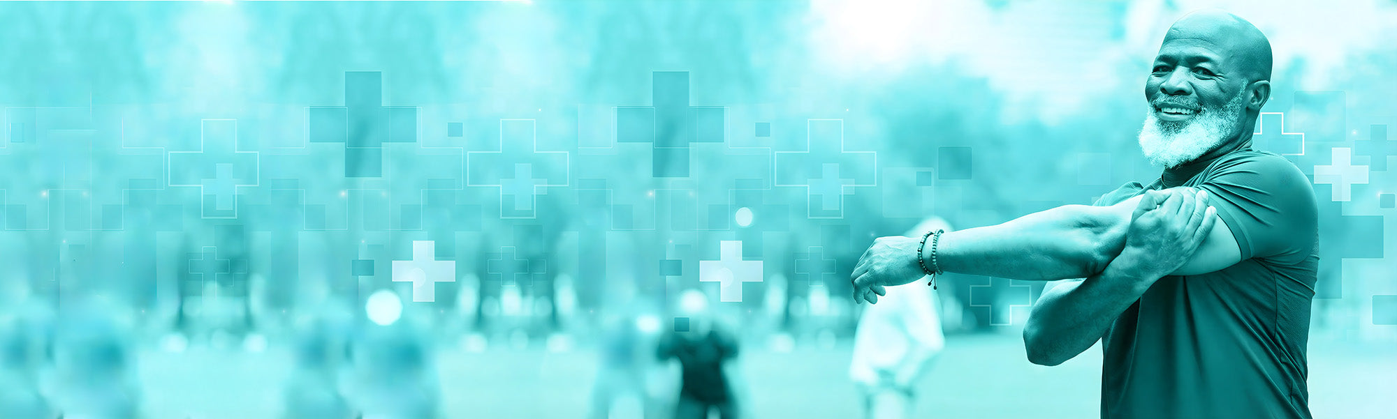 Silhouette of a person outdoors with a teal/aqua gradient, illustrating physical comfort and relief.