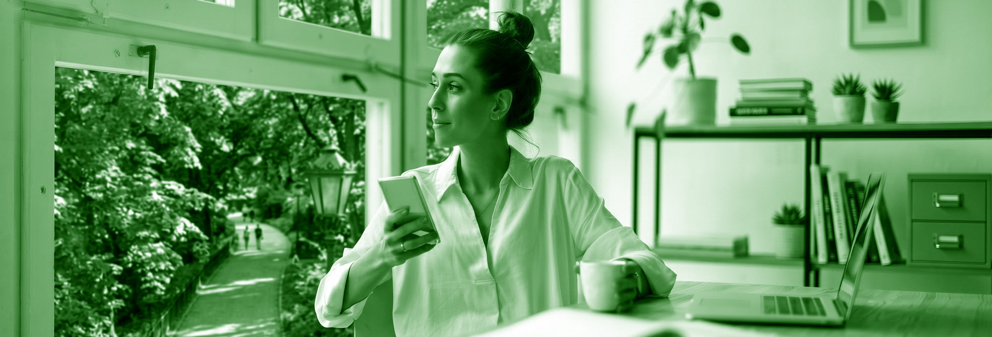 Woman relaxing with CBDv, phone and coffee