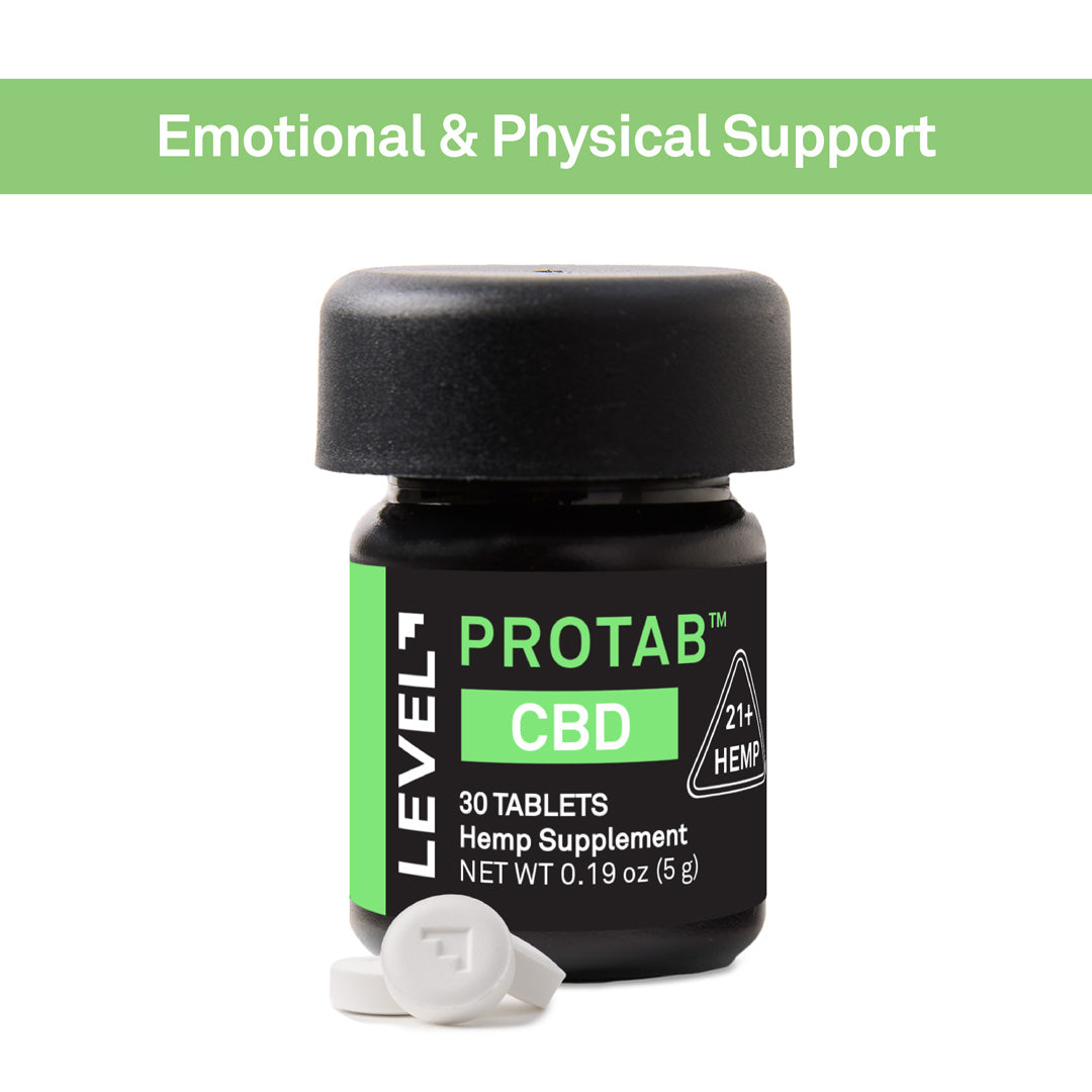 A small black bottle of Level 7 Protab CBD hemp supplement with a black cap, shown on a white background with a green banner at the top reading 'Emotional & Physical Support'. Two white tablets are placed in front of the bottle.