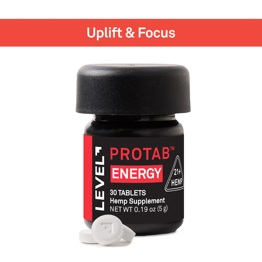 A bottle of Level 7 Protab Energy Hemp Supplement with two white tablets in front, set against a white background with a red banner at the top reading 'Uplift & Focus'.