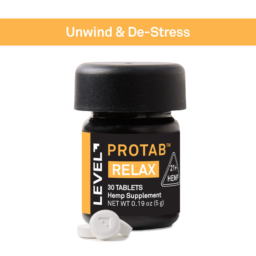 A bottle of Level 7 Protab Relax hemp supplement with two white tablets in front, set against a white background with an orange banner at the top reading 'Unwind & De-Stress'.