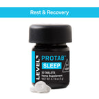 A small black bottle of Level 7 Protab Sleep Hemp Supplement with a black cap, shown on a white background with a blue banner reading 'Rest & Recovery' at the top. Two white tablets are placed in front of the bottle.