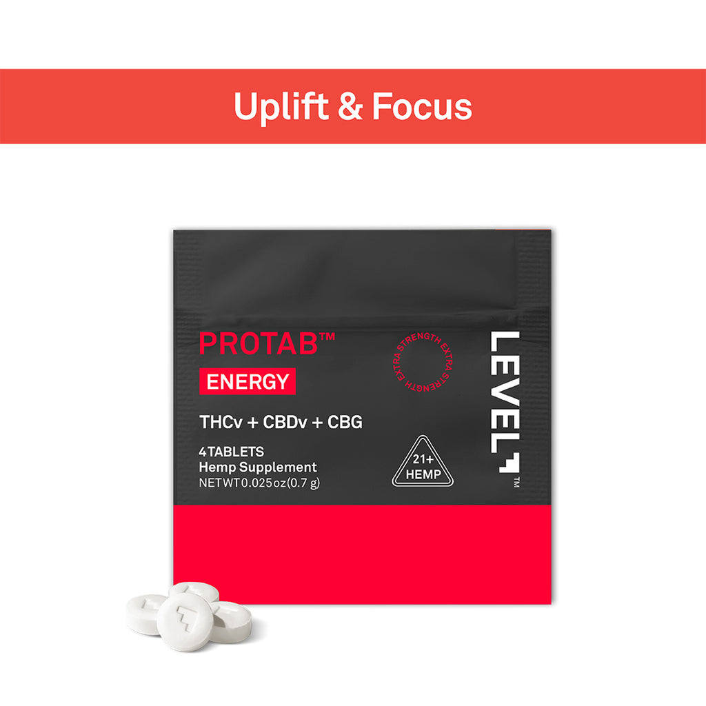 A Level Up PROTAB Energy hemp supplement packet with three white tablets in front, set against a white background with a red banner at the top reading 'Uplift & Focus'.