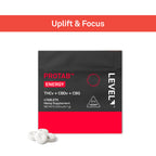 A Level Up PROTAB Energy hemp supplement packet with three white tablets in front, set against a white background with a red banner at the top reading 'Uplift & Focus'.