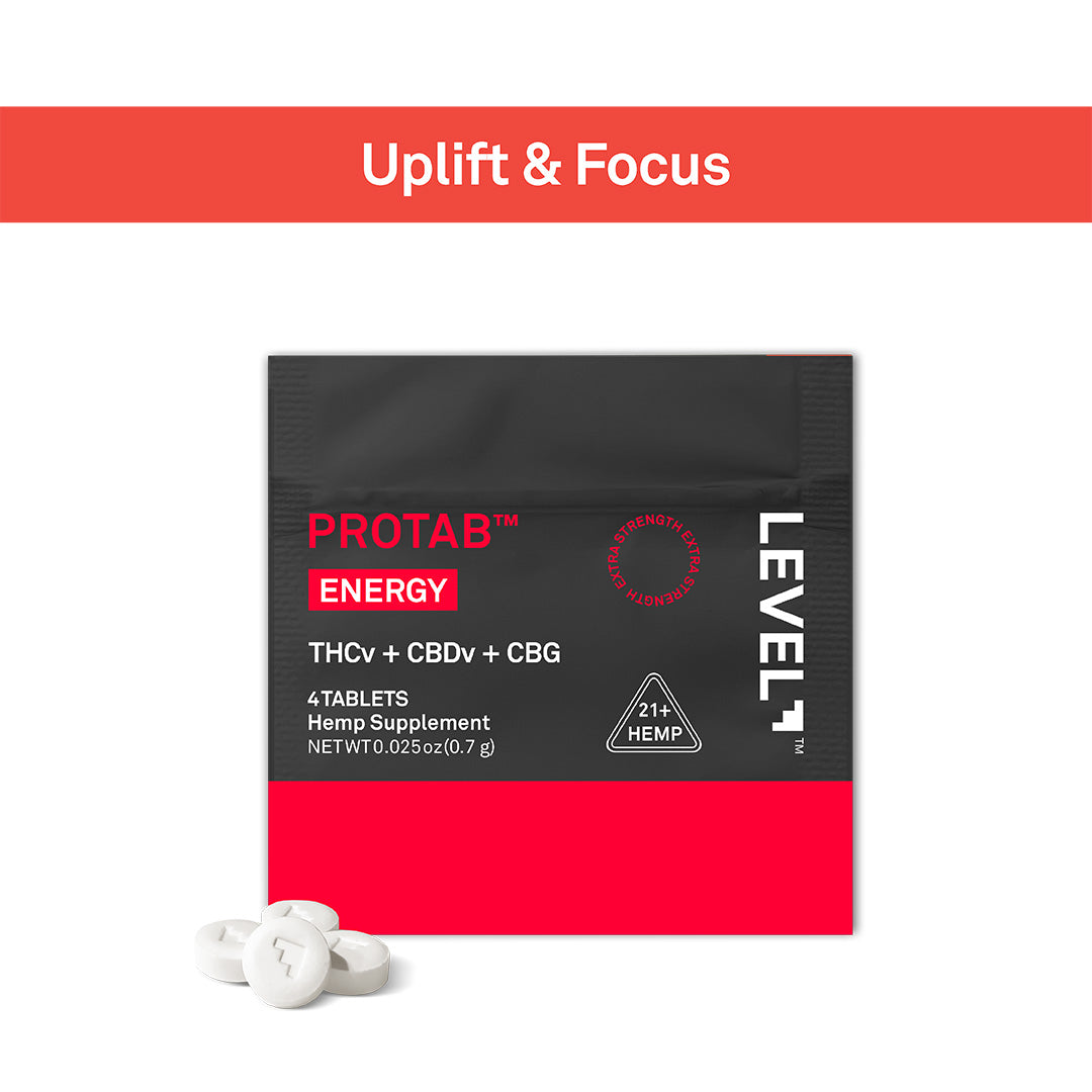 A Level Up PROTAB Energy hemp supplement packet with three white tablets in front, set against a white background with a red banner at the top reading 'Uplift & Focus'.