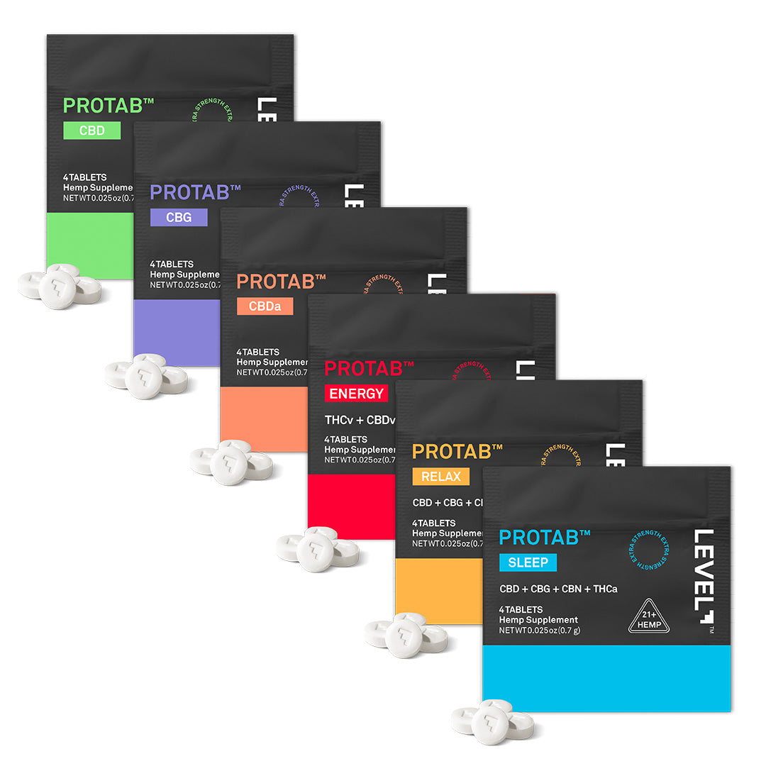 Six PROTAB hemp supplement packets in a fan arrangement on a white background, each with a different color block and labeled CBD, CBG, CBDs, Energy, THCv + CBDv, RELAX, and SLEEP. Small white capsules are scattered in front.