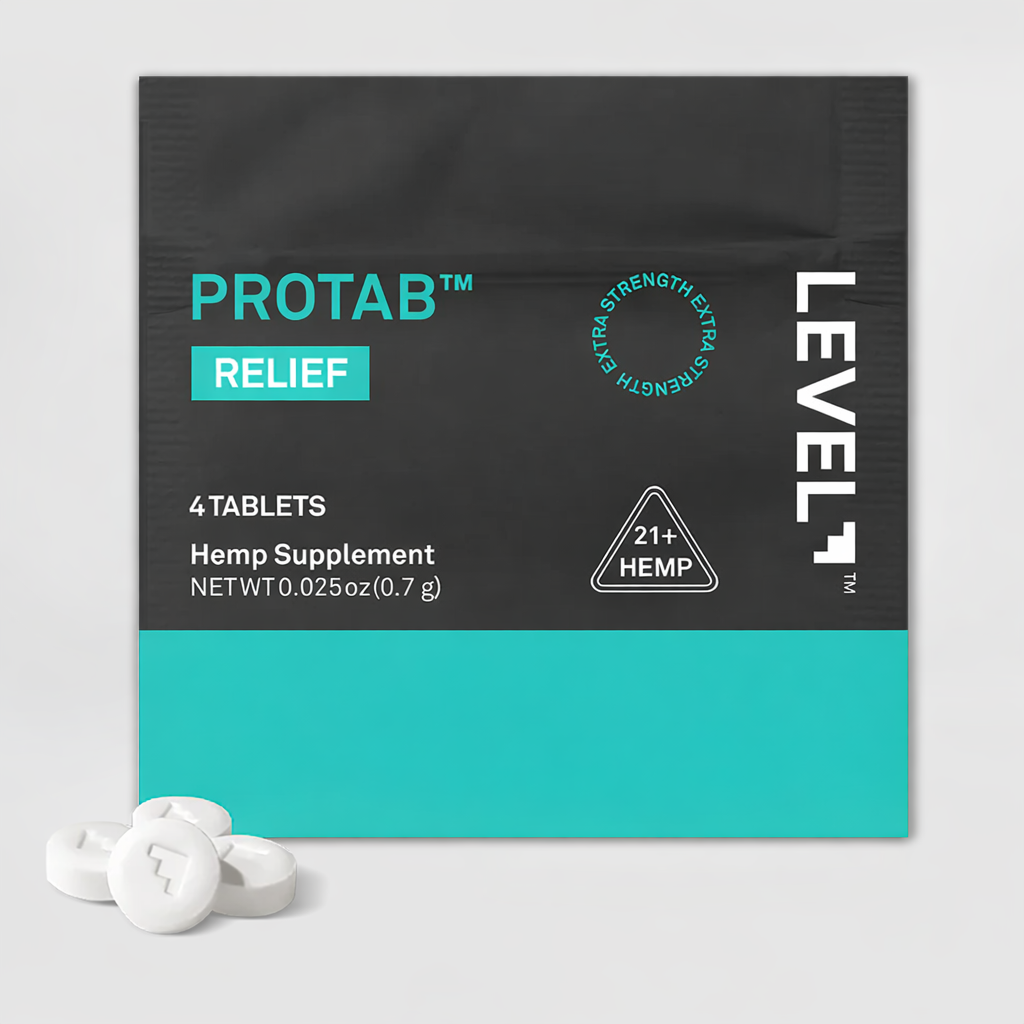 Protab Relief hemp supplement package with tablets on a light gray background