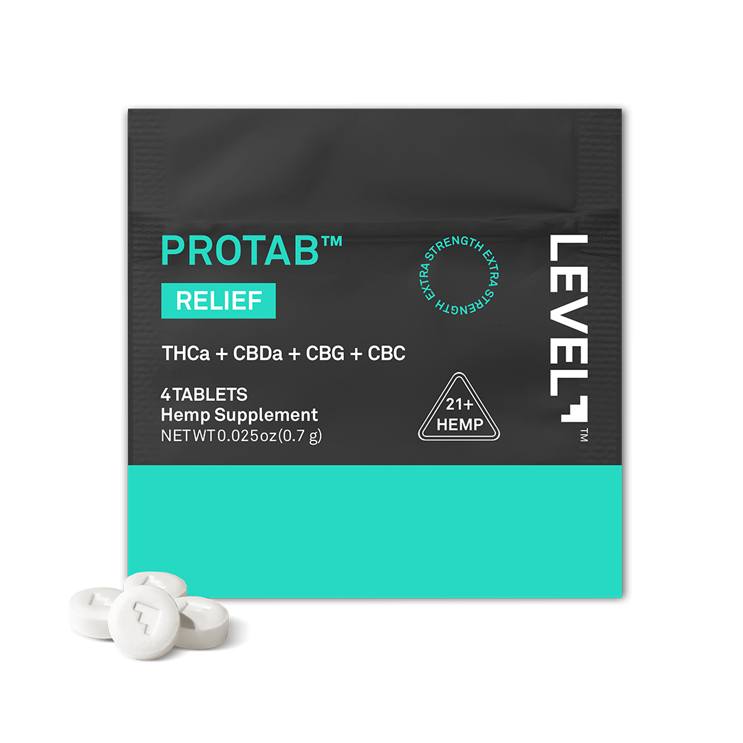 LEVEL Protab Relief hemp supplement trial size packaging on a white background.