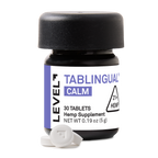 Hemp supplement container labeled 'Tablingual Calm' with tablets on a white background