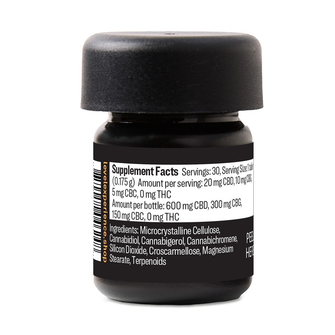 A small black supplement bottle with a black cap, showing the Supplement Facts label on a white background.