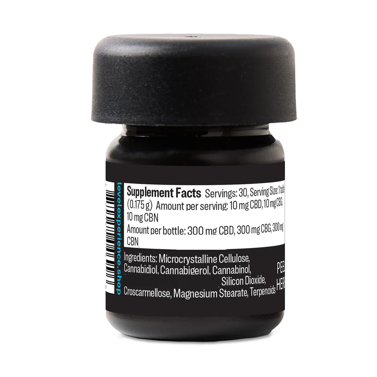 A black supplement bottle with a black cap, showing the Supplement Facts label on a white background.